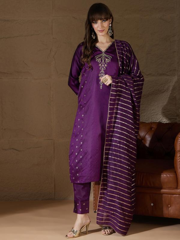 VP 9754 Royal Plum Zari Grace Kurta Set
